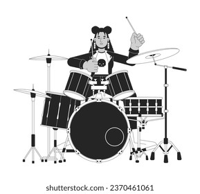 Female drummer rocker black and white cartoon flat illustration. Hispanic young adult woman in punk rock clothes 2D lineart character isolated. Rocker rockstar monochrome scene vector outline image