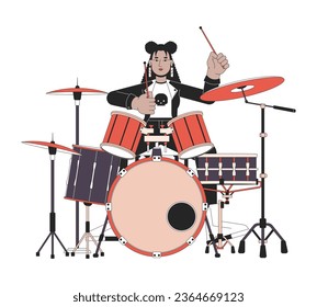 Female drummer rocker line cartoon flat illustration. Hispanic young adult woman in punk rock clothes 2D lineart character isolated on white background. Rocker rockstar scene vector color image