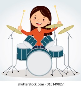 Female drummer. Vector illustration of a young woman playing drums.