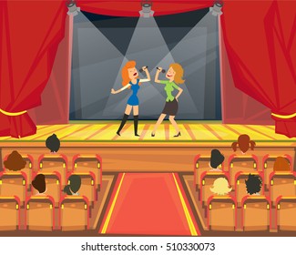 Female duo singing the song on stage microphones. vector illustration.