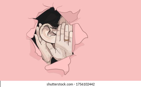 Female ear and hands close-up. Torn paper, pink background. The concept of eavesdropping, espionage, gossip and the yellow press. Caricature with an enlarged ear. Vector illustration with copy space.