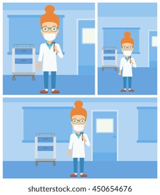 Female ear nose throat doctor in mask holding tools used for examination while standing in the medical office. Vector flat design Illustration. Square, horizontal, vertical layouts.