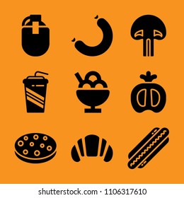 female, eat, hot dog, boletus, orange and grocery icon vector set. Flat vector design with filled icons. Designed for web and software interfaces