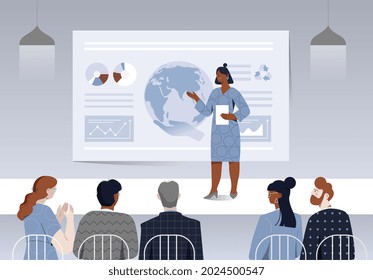 Female ecological speaker is holding press conference on stage. Woman is resenting graphs with earth on board. Concept of global meeting, scientific forum, mass media. Flat cartoon vector illustration