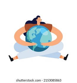 female ecologist hugging the earth character