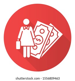 Female economic red flat design long shadow glyph icon. Woman rights, gender equality. Female finance career. Successful businesswoman. Feminism, democracy. Vector silhouette illustration