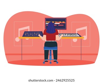 Female editor is working in the workplace, audio music production. Character design. Vector flat illustration