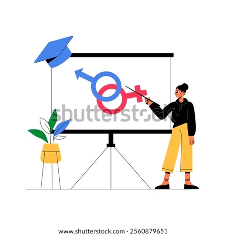 Female Educator Presenting Gender Equality Symbols In Flat Vector Illustration Symbolizing Education, Awareness, And Social Justice, Isolated On White Background