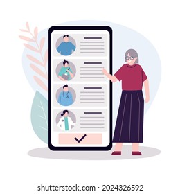 Female elderly patient chooses doctor on phone screen. Mobile app helps olderly find therapist. Doctors, medical staff portraits. Healthcare and medical insurance for grandpeople. Vector illustration