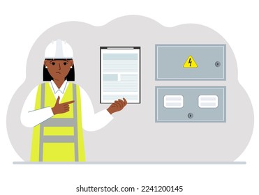 A female electrical engineer holds a clipboard with a contract and stands next to an electrical cabinet. The concept of a contract for service, connection of electricity or hiring a specialist. Vector