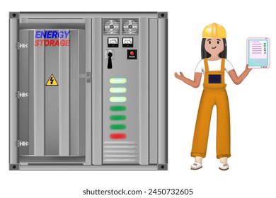  A female electrical engineer holds a clipboard with a contract and stands next to an electrical cabinet.