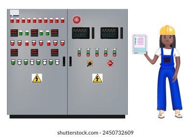  A female electrical engineer holds a clipboard with a contract and stands next to an electrical cabinet.