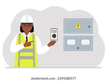 A female electrical engineer holds a digital multimeter in his hand and stands next to an electrical cabinet. Vector flat illustration