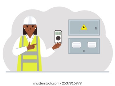 Uma engenheira elétrica segura um multímetro digital em sua mão e fica ao lado de um armário elétrico. Ilustração em plano vetorial