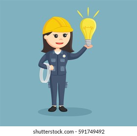 female electrician with cables and bulb