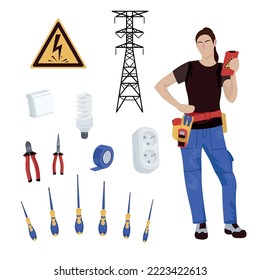 Female electrician and different items on white background