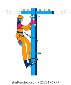 Female electrician repairing utility pole cartoon flat illustration. Electricity maintenance. Power line worker middle eastern woman 2D character isolated on white background. Vector colorful image