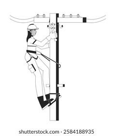 Female electrician repairing utility pole linear illustration. Electricity maintenance. Power line worker middle eastern woman 2D line character isolated on white. Monochrome vector outline image