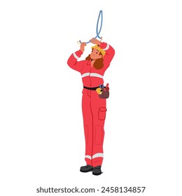 Female Electrician Worker Wearing Red Jumpsuit, Helmet And Tool Belt Work with A Cable, Involved In Tasks Related To electricity Cable Installation, Maintenance Or Repair Work On Construction Sites