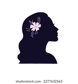 Silueta elegante femenina con composición floral. Hermosa cabeza de mujer en perfil. Ilustración del vector