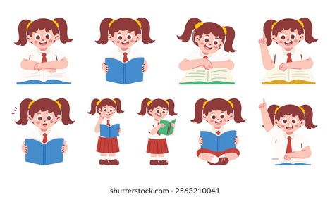 Female Elementary Student Reading Book and Raising Hand