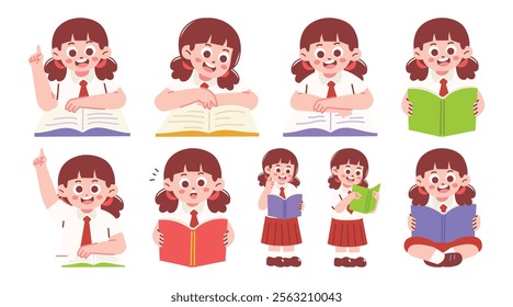 Female Elementary Student Reading Book and Raising Hand