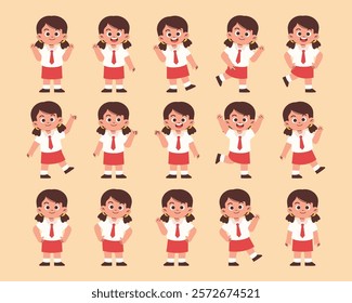 Female Elementary Student with Various Expression and Gesture, Primary Student Happy, Presenting Something	