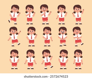 Female Elementary Student with Various Expression and Gesture, Primary Student Laughing, Pointing Something	