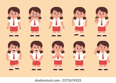 Female Elementary Student with Various Expression and Gesture, Primary Student Angry, Feels Guilty, Say No	
