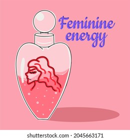Female elixir, perfume. Vector illustration in retro style. Glass vessel on a pink background.