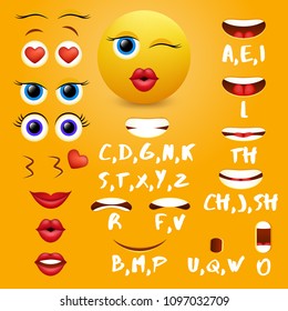 Female Emoji Mouth Animation Vector Design Elements. Lip Sync Mouth Shapes For Animation And Eyes, Eyebrows, Lips For Cool Smiley Creation.