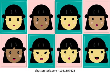 Female Emotion Facial Collection.Young Girl with different expressions.Happy,Sad,angry,surprise.cartoon Black and Long Hair.Skin color is both flesh color. And dark brown