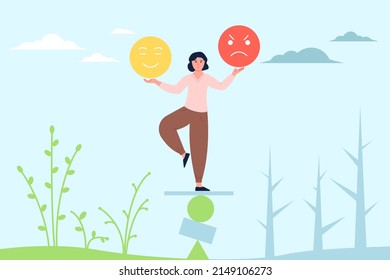 Las emociones femeninas equilibran. Control del movimiento, comportamiento y estado de ánimo. Estilo de vida de la mujer, elige un día feliz o triste. Disciplina psicológica reciente concepto de vector