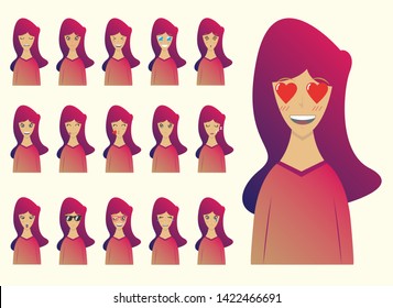 Female emotions set. Facial expression. Cartoon character with various face expressions. Wellness women on pink illustration. Vector illustration 