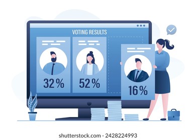 Female employee adds data on election results or exit polls to website. Monitor screen with candidate data and results after voting. Technology of internet vote. Flat vector illustration