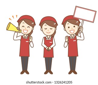 Female employee of apron.It is a set of "having a megaphone" and "bowing" and "having a signboard"