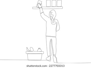 A female employee arranges products in a shop. Grocery shopping one-line drawing