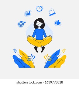 Female employee or businesswoman doing meditation or mindfulness, business related icons on background, multitasking and time management concept, vector illustration
