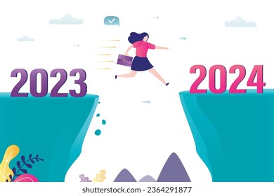 Female employee or businesswoman jumping from cliff to other side. concept of change from 2023 to 2024 year. moving forward, goals, hopes, overcoming obstacles and problems. Business forecast. vector