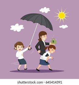 Female employee carrying female boss overhead, vector illustration cartoon