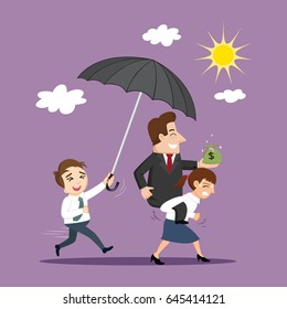 Female employee carrying holding boss overhead, vector illustration cartoon