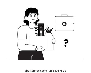 A female employee carrying work equipment with sad expression because of losing her job, black and white outline style, social issues vector illustration.