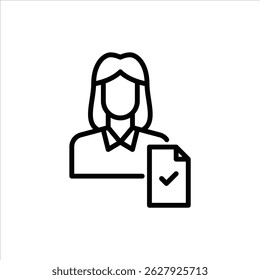 Ícone da estrutura de tópicos da tarefa concluída do funcionário feminino. Ilustração da linha preta concluída da tarefa.