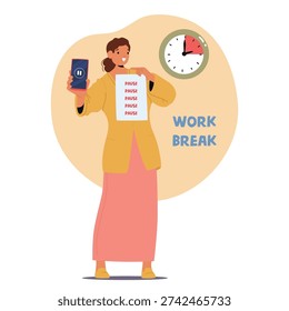 Female employee consciously taking pause and work break from smartphone to recharge and digital detox cartoon scene. Workplace wellness, conscious technology use for mental health vector illustration