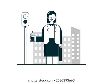 A female employee is crossing at a traffic light, carrying a bag and an iced coffee on her way home. Character design. Flat vector illustration