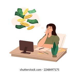 Female employee dreaming about money at work.Businesswoman thinking abot for richness and wealth, office worker with finance and accounting documents.Flat vector illustration isolated,white background