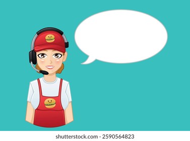 Female employee of a fast food restaurant chain. The character is wearing an apron and a cap with a hamburger logo, and a headset with a microphone. The character has a comic speech bubble next to it.