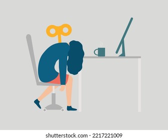 Female employee feeling tired and exhausted at the office due to being exploited at work. Stressed business woman or worker lays her head down on a laptop. Concept of pressure and labor exploitation.