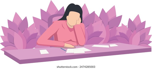 A female employee feels tired while writing her letter on the table
