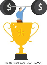 Female employee is a financial weightlifting champion, Vector illustration in flat style

